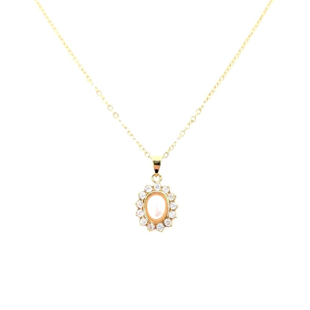 Rhinestone Faux Pearl Victorian Style Glam Dainty Gold Tone Pendant Necklace